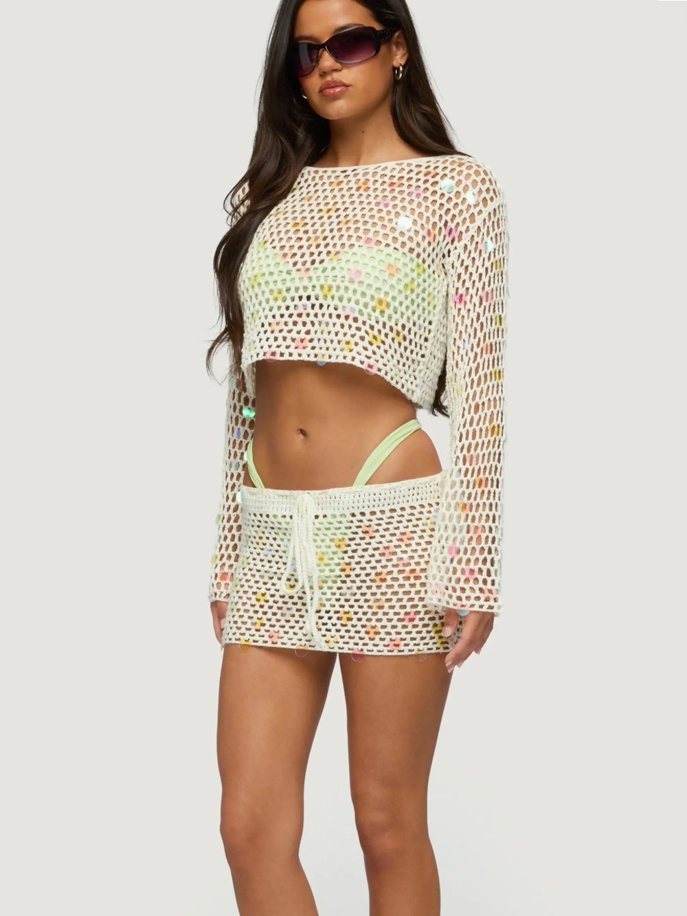 Edikted Cream Crochet Mesh Crop Top & Skirt Coverup with Sequins